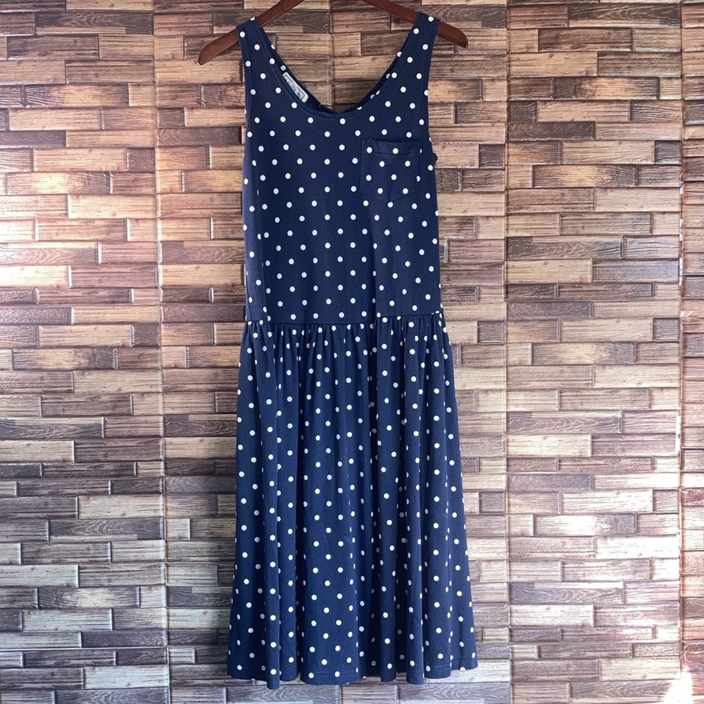 Vintage 80’s S.ROBERTS Midi Dress Polka Dots Navy & White Womens Medium EUC